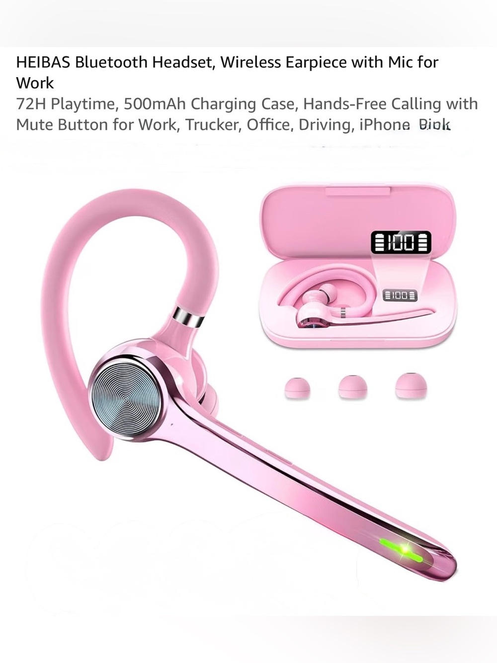 HEIBAS Bluetooth 5.1 Wireless Headset w/ Mic & Charging Case โ Pink โ 72H Playti - Picture 5 of 9